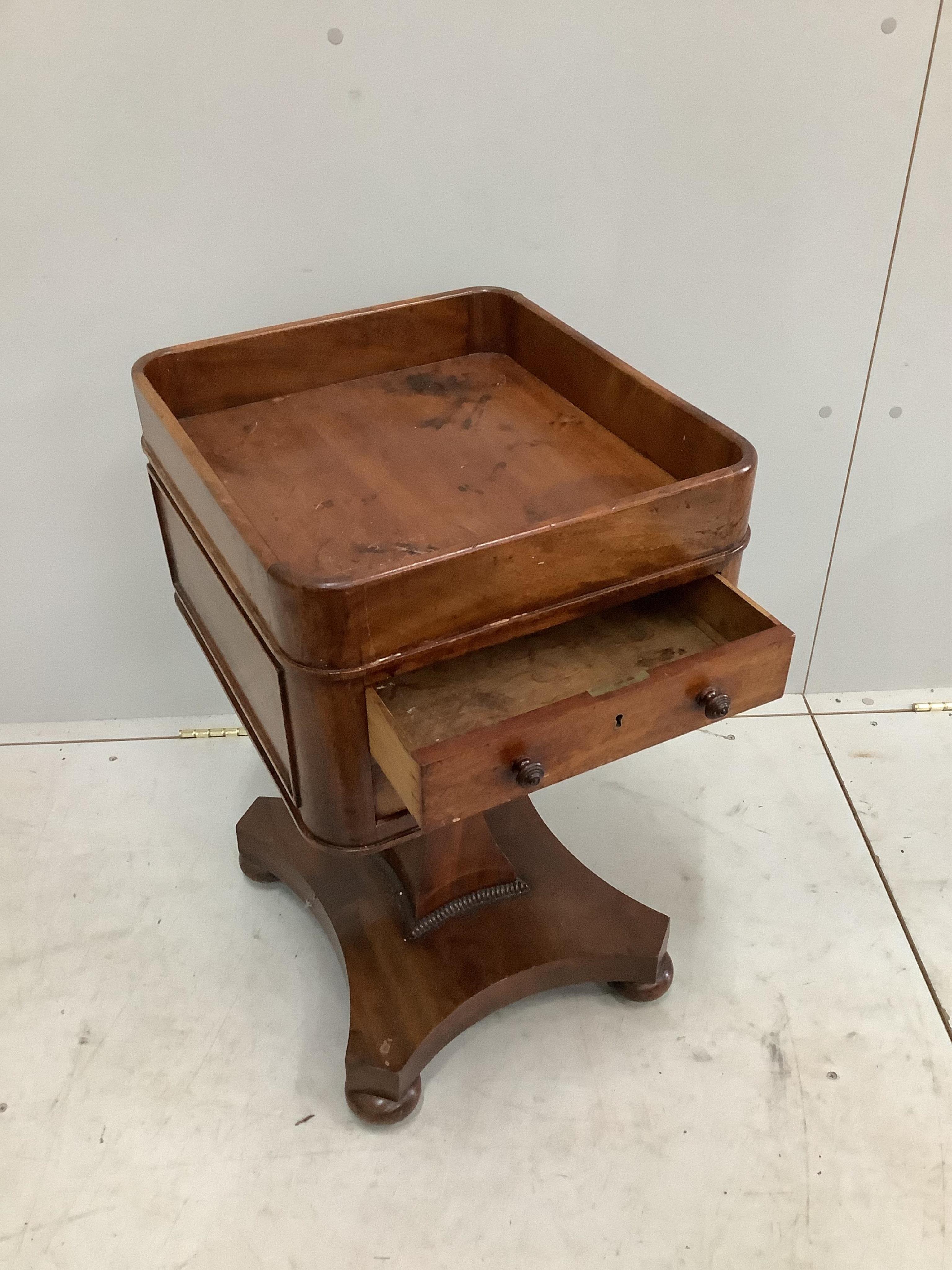 A William IV mahogany tray top work table, width 40cm, depth 45cm, height 68cm. Condition - fair